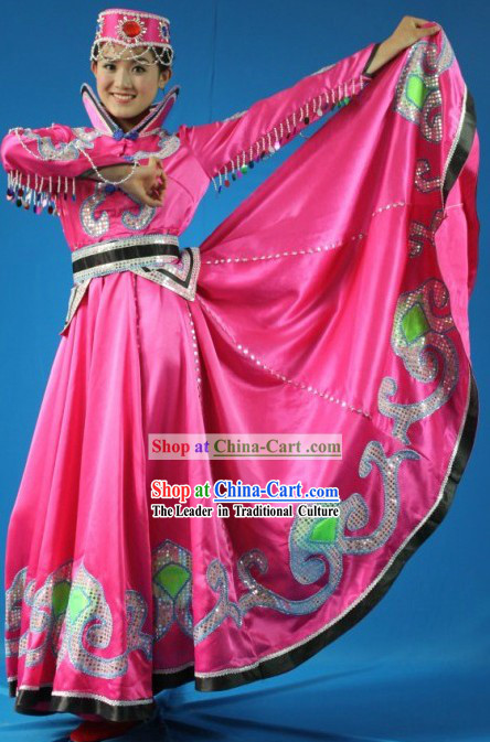Traditional Chinese Mongolian Stage Performance Dance Costume and Hat for Women
