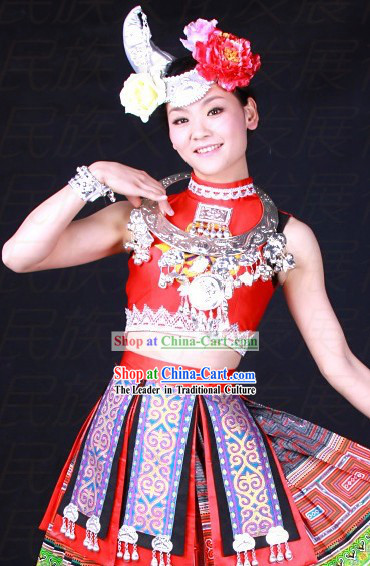 Chinese Miao Ethnic Dance Costumes and Hat for Women