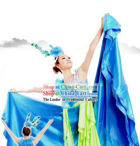 Traditional Chinese Blue Fan Dance Costume and Headpiece for Women