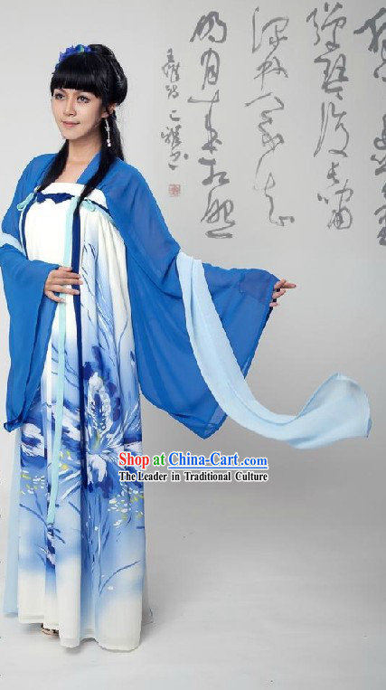 Ancient Chinese Tang Dynasty Blue Clothing Complete Set for Women