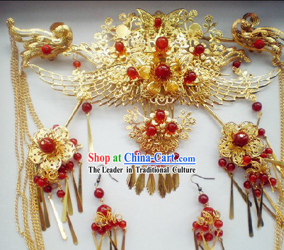 Chinese Classical Handmade Wedding Phoenix Crown and Earrings Complete Set