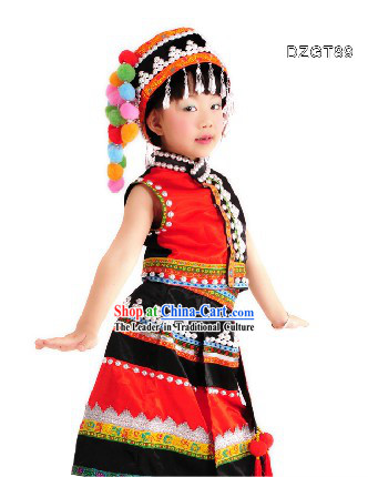 Traditional Chinese Dai Dance Costumes and Bamboo Hat Complete Set for Children