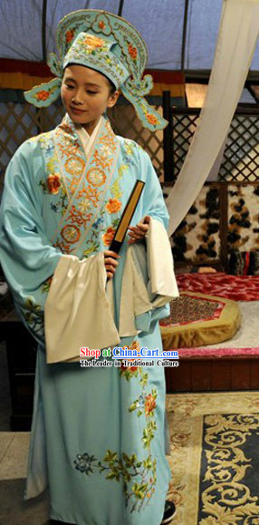 Chinese Beijing Opera Light Blue Costumes and Hat