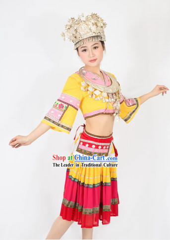 Traditional Chinese Miao Skirt with Accordion Pleats and Hat for Women