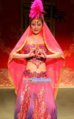 Chinese Stage Performance Xinjiang Dance Costumes and Headwear for Women
