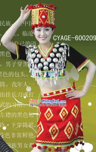 Traditional Chinese Jingpo Dresses and Hat Complete Set for Women