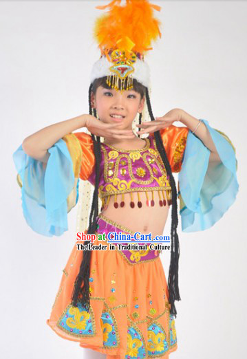 Chinese Xinjiang Festival Celebration Dance Costumes and Headdress Complete Set for Kids
