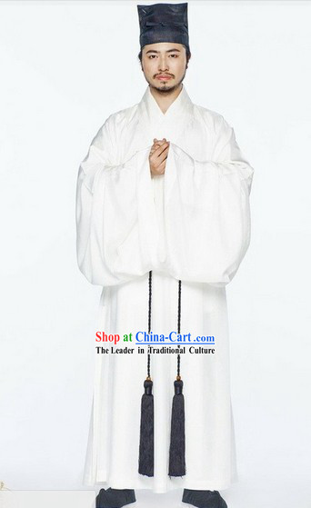 Ancient China Song Dynasty Male White Chinese Hanfu Clothing Complete Set for Men