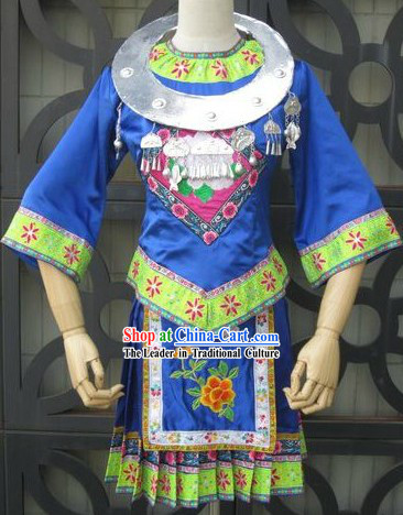 Chinese Miao Ethnic Embroidered Dance Costume and Necklace for Women