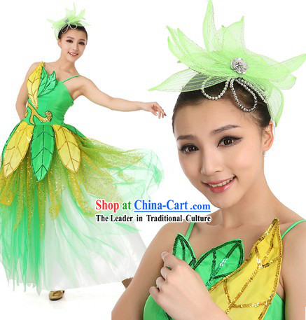 Chinese Green Leaf Dance Costume and Headpiece for Women
