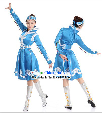 Blue Mongolian Dance Costume and Headpiece for Women
