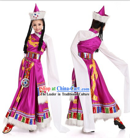 Purple Chinese Tibetan Minority Costume and Hat for Women