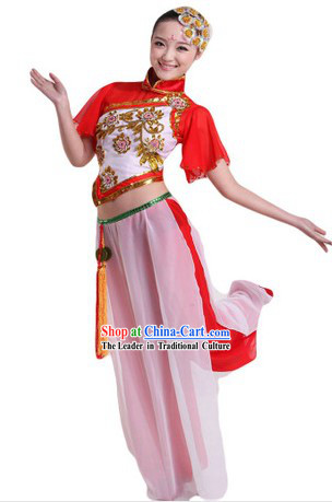 Traditional Chinese Fan Dancing Costumes and Headpiece for Ladies