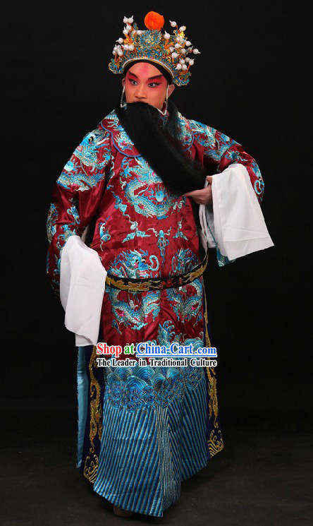 Chinese Beijing Opera Lao Sheng Embroidered Dragon Robe and Helmet for Men