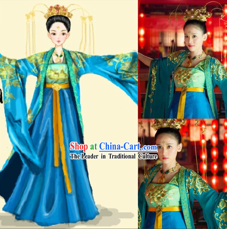 Ancient Chinese Classical Dancing Costumes and Hair Accessories for Women