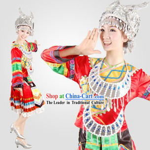 Traditional Chinese Miao Minority Dance Costumes and Hat for Women
