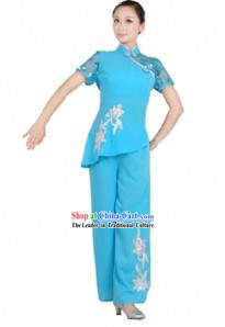 Chinese Blue Fan Dance Costume for Women