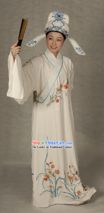 Ancient Chinese Opera White Xiao Sheng Robe and Hat for Men
