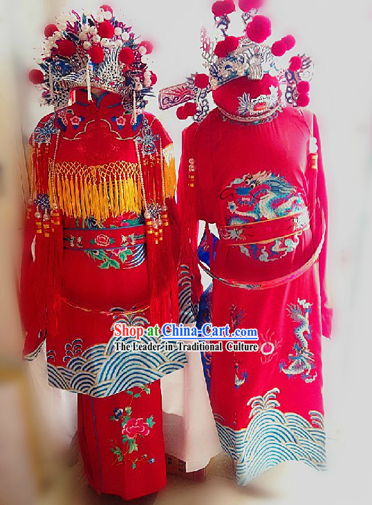 Traditional Chinese Wedding Dresses and Hats Complete Set for Brides and Bridegrooms