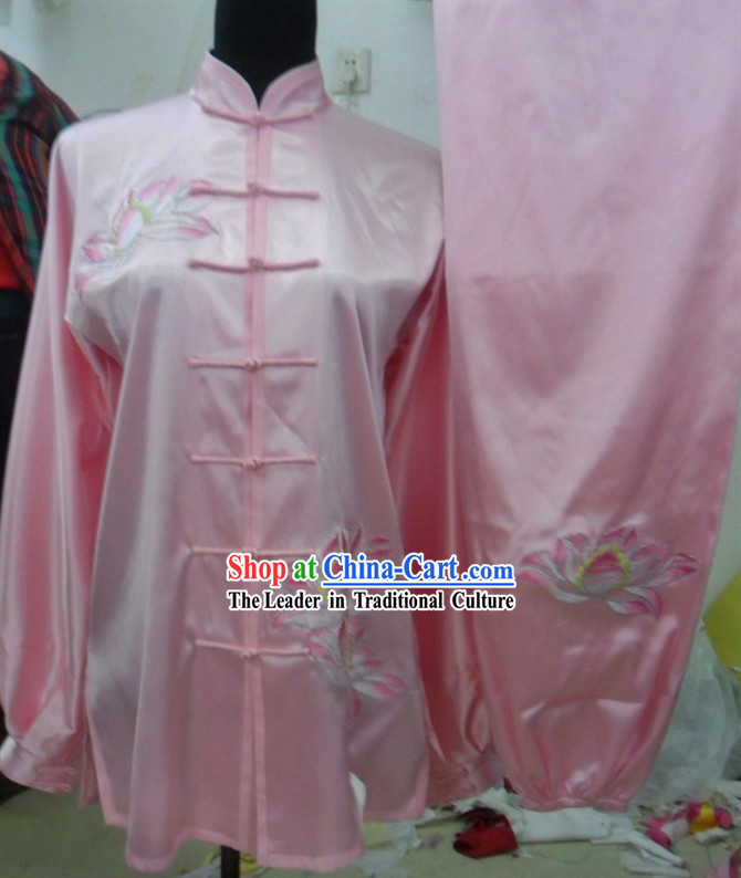 Pink Traditional Chinese Lotus Embroidery Long Sleeves Kung Fu Tai Chi Uniform