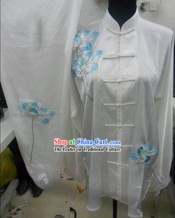 White Traditional Chinese Lotus Embroidery Long Sleeves Kung Fu Tai Chi Uniform