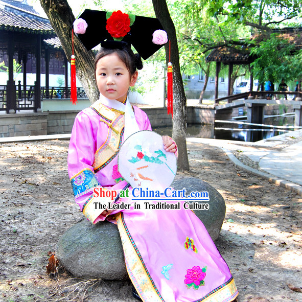 China Qing Dynasty Peking Imperial Palace Lady Costume and Hat for Kids