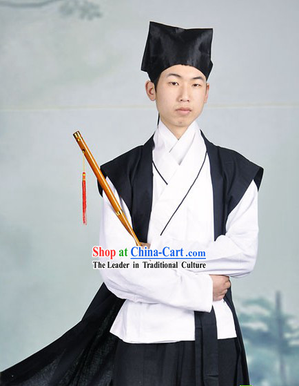 Ancient Chinese Cotton and Flax Wuxia Knight Costumes and Hat for Men