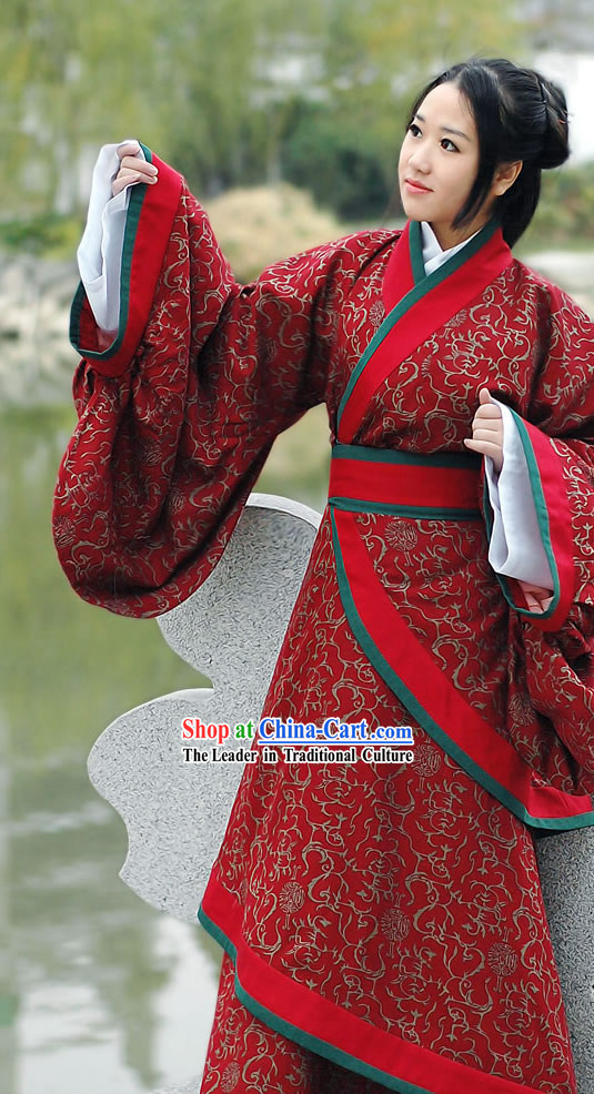 Ancient Chinese Red Princess Floral Han Fu Clothing Complete Set