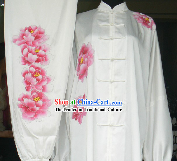 Traditional Chinese White Embroidered Peony Silk Tai Ji Outfit