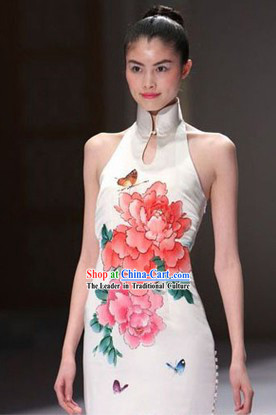 White Chinese Classical Short Cheongsam Evening Dress