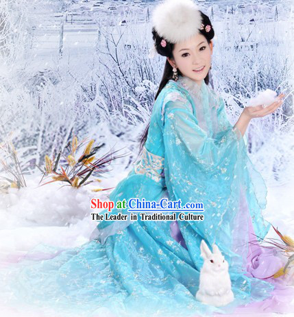 Ancient Chinese Tang Dynasty Blue Princess Costume and Hair Accessories