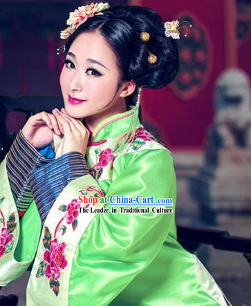 Green Traditional Chinese Manchu Embroidery Robe for Ladies