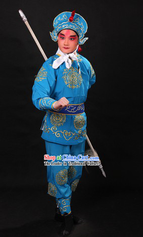 Blue Traditional Chinese Warrior Costume and Helmet