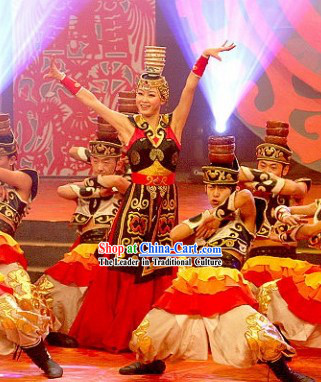Traditional Chinese Xinjiang Ethnic Dancing Costumes and Hat for Women