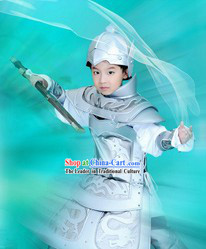 Ancient Traditional Chinese Prince Silver Color Armor Costumes and Hat Complete Set for Kids