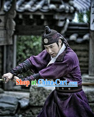 Ancient Korean Imperial Swordman Costumes and Headwear Complete Set