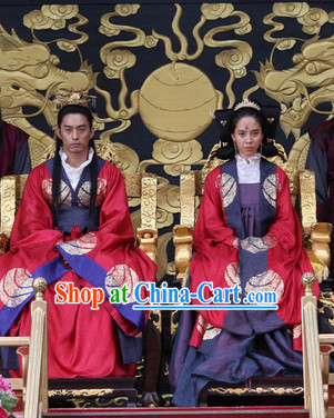 Ancient Korean Palace Imperial Emperor and Empress Costumes and Hair Accessories 2 Complete Sets