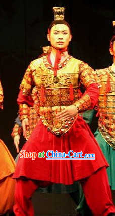 Chinese Qin Dynasty Period Terracotta Terra Cotta Warrior Hat and Dance Costumes Complete Set for Men