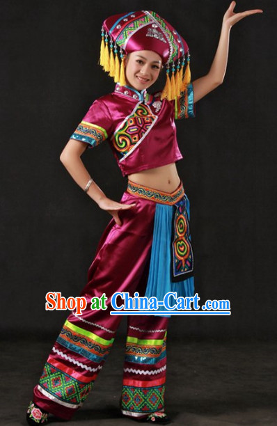 Traditional Chinese Zhuang Stage Performance Costumes and Headwear for Women