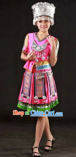 Miao Ethnic Traditional Outfits and Silver Hat Complete Set for Girls