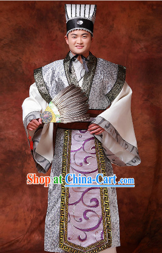 Chinese Three Kingdoms Zhuge Liang Costumes and Hat and Fan for Men