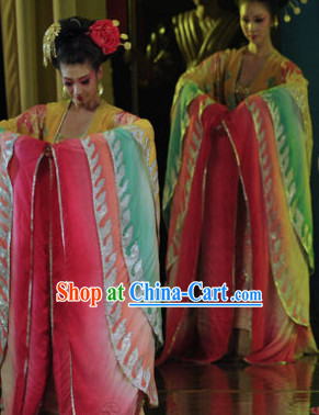 Wide Sleeves Chinese Classical Dance Costumes and Hair Accessories Complete Set