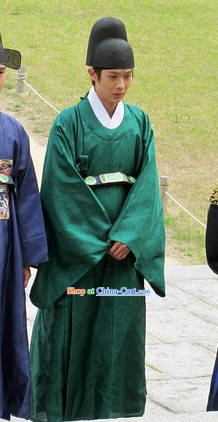Ancient Korean Official Green Costumes and Hat Complete Set