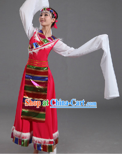 Traditional Chinese Tibet Dancing Costumes and Headwear Complete Set for Women