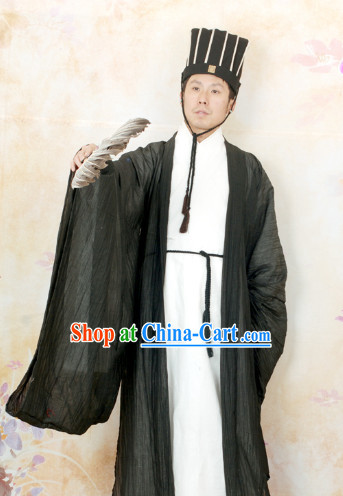 Ancient Zhuge Liang Three Kingdoms Costumes, Fan and Hat for Men