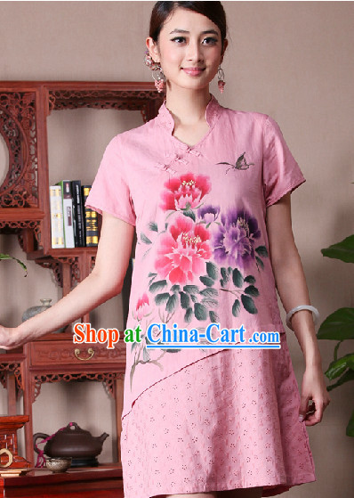 Hands Painted Peony Mandarin Traditional Skirt for Women