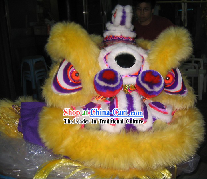 Yellow Wool Traditional Chinese Hok San Lion Dance Costumes Complete Set