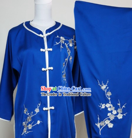 Top Silk Blue Plum Blossom Embroidery Martial Arts Clothes Complete Set