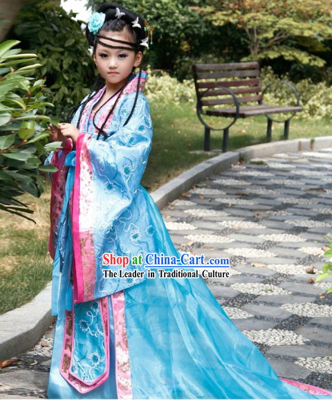 Blue Ancient Chinese Princess Costumes and Hair Accessories Complete Set for Children