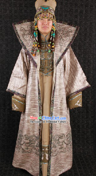 Traditional Chinese Ancient Mongolian Princess Crown and Clothing Complete Set for Women